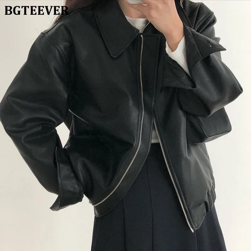 

BGTEEVER Fashion Turn-down Collar Women Faux Leather Jacket Autumn Winter Long Sleeve Ladies Zippers Solid PU Leather Coats 2021