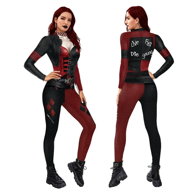 

Women's Sexy Superhero Harleen Quinzel Cosplay Jumpsuit Catsuit Character Costumes Zentai Halloween Bodysuit Fancy Dress