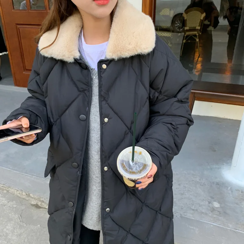 

Winter Women Fur Collar Parkas Rhombus Pattern Pocket Single Breasted Loose Thick Warm Long Cotton Overcoat Mujer Chaqueta M458