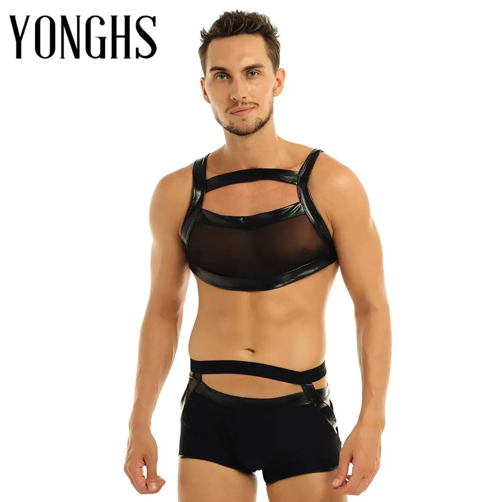 

2Pcs Harness Mens Leather Police Erotic Sexy Lingerie Set Mesh Shoulder Braces Belt Suspenders Harness Belt Body Strap Harness