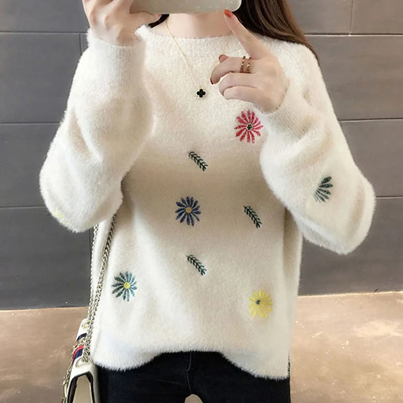 

Женский бархатный пуловер с вышивкой, теплый вязаный свитер с круглым вырезом, с имитацией норки, в Корейском стиле, Осень-зима 2021