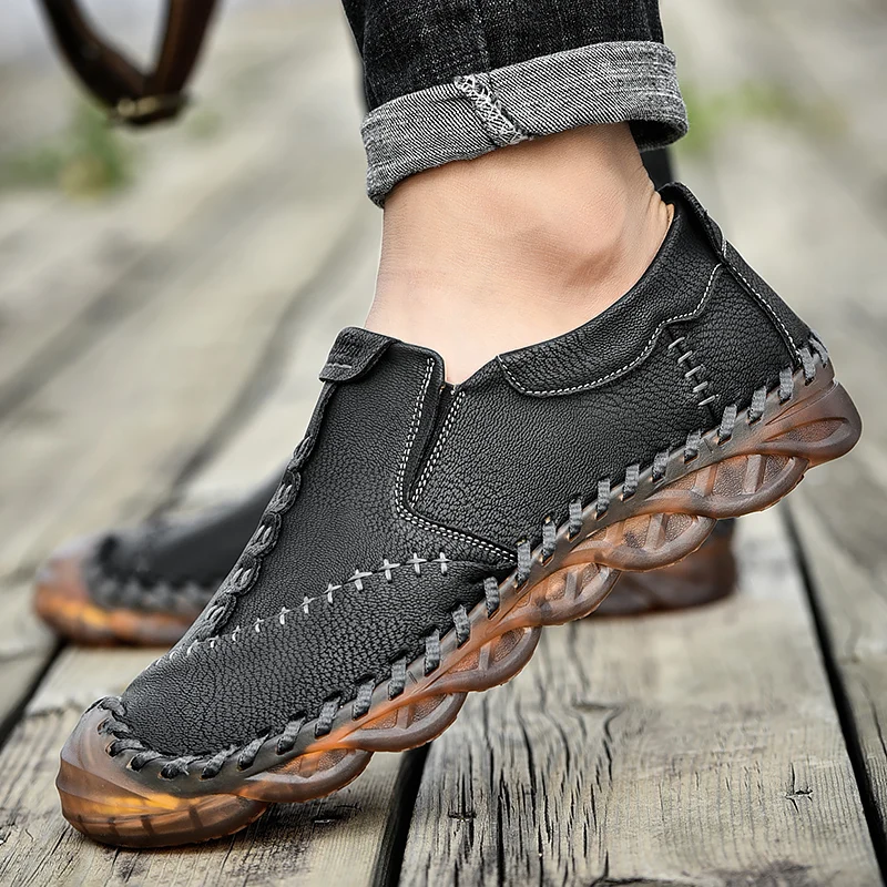 

Men's Leather Shoes Fashion Leather Breathable Comfortable Slip-On Shoes Classic Sewing Soles Retro Style Casual Loafers