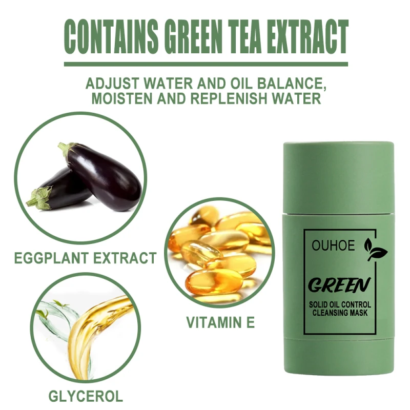 

Green Tea Cleansing Mask Purifying Clay Stick Mask Oil Control Skin Care Anti-Acne Eggplant Remove Blackhead Mud Mask TSLM1
