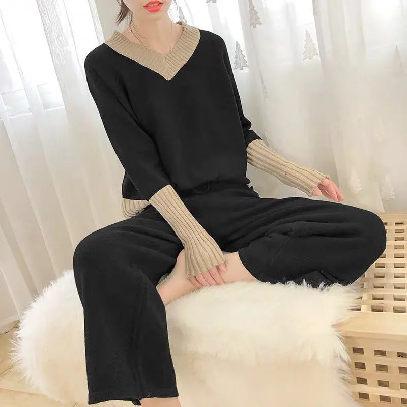 2019 Autumn And Winter Sports Suit New Sweater Women's V-neck Pullover Loose Two-piece Lace-up Pants | Женская одежда