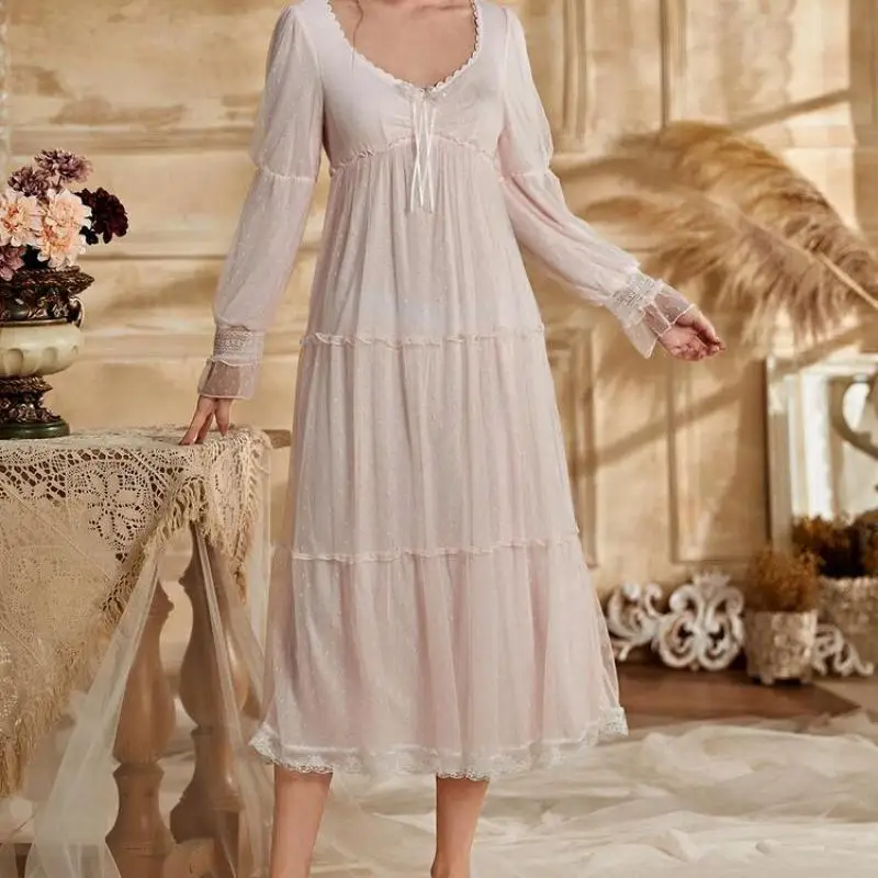 

Длинная кружевная Ретро Дворцовая ночная рубашка с длинным рукавом Сексуальная Женская сетчатая юбка с нагрудной подушкой милые рубашки д...