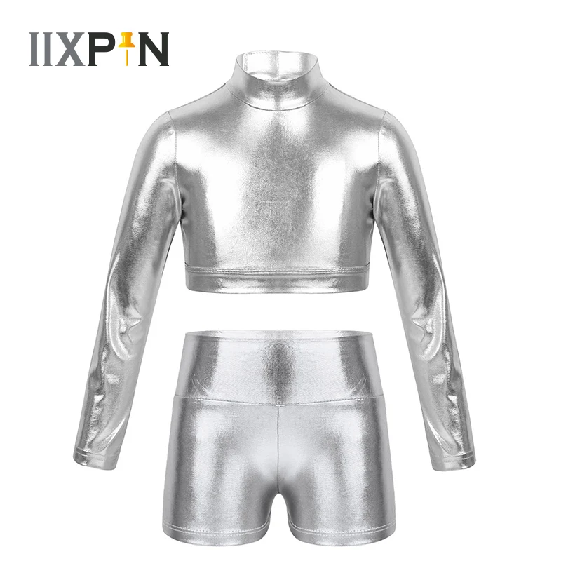 

Kids Girls Skinny Metallic Crop Tops with Dance Shorts Fitness Sports Suits Gym Cloth Long Sleeves Mock Neck Top Bottoms Set