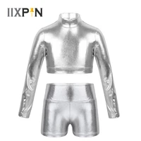 kids girls skinny metallic crop tops with dance shorts fitness sports suits gym cloth long sleeves mock neck top bottoms set