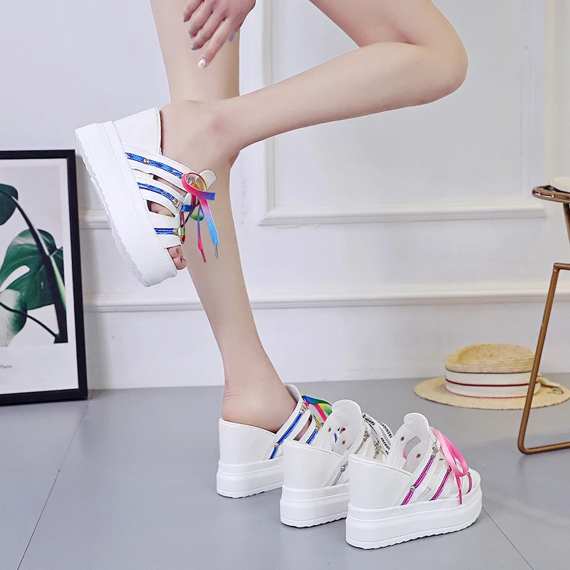 2020 женские шлепанцы Босоножки на танкетке 11 см Туфли платформе Мягкие кожаные с