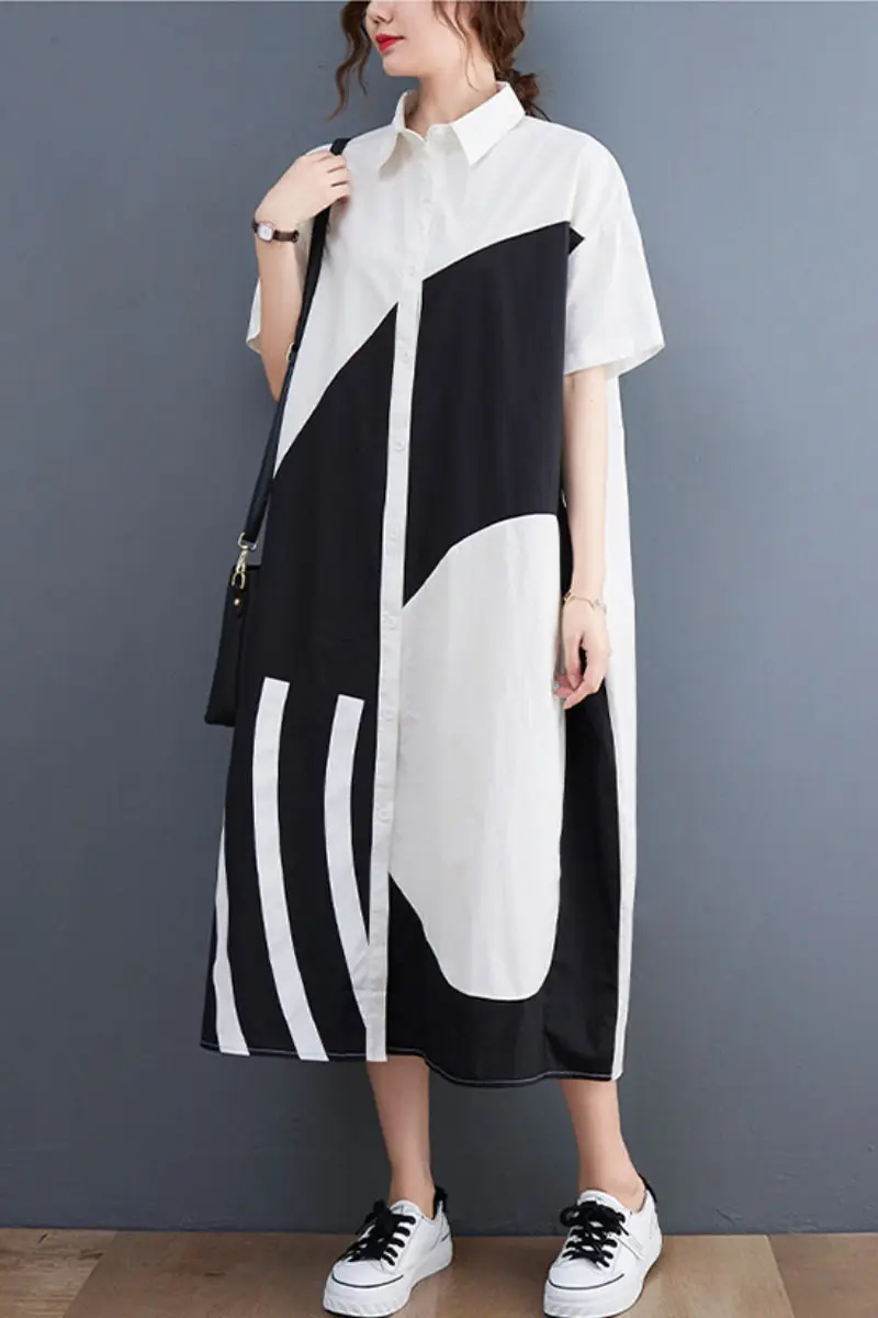 

Large Size Summer Short Sleeve Mid-Length Design Shirt Dress Loose Harajuku Korean Trendy Streetwear Women Long Tops zh1629