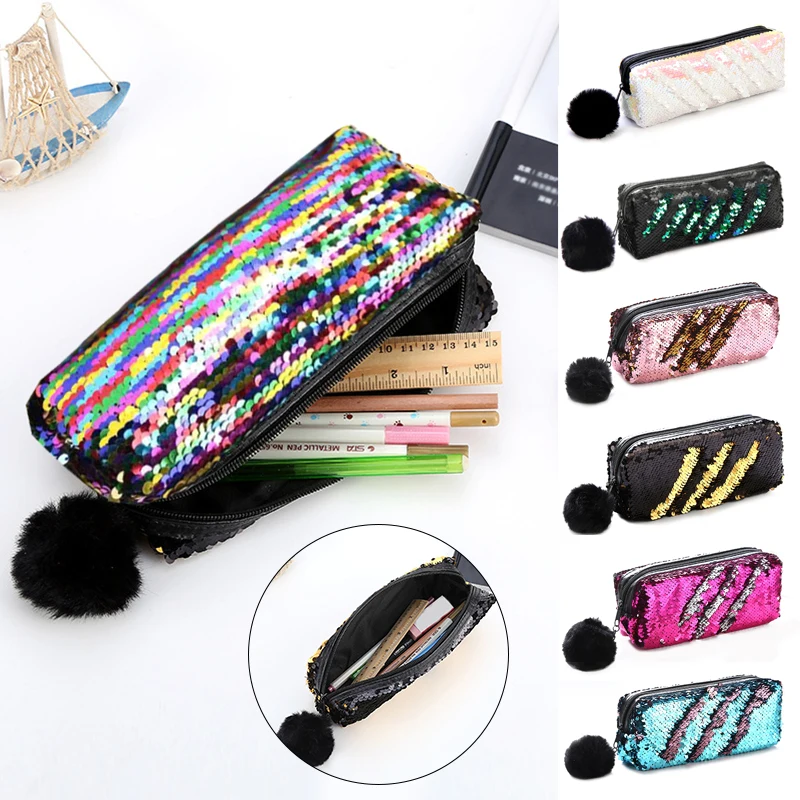 

2021 New Reversible Sequin Pencil Case for Girls School Supplies Super Big School Stationery Gift Magic Pencil Box Pencilcase