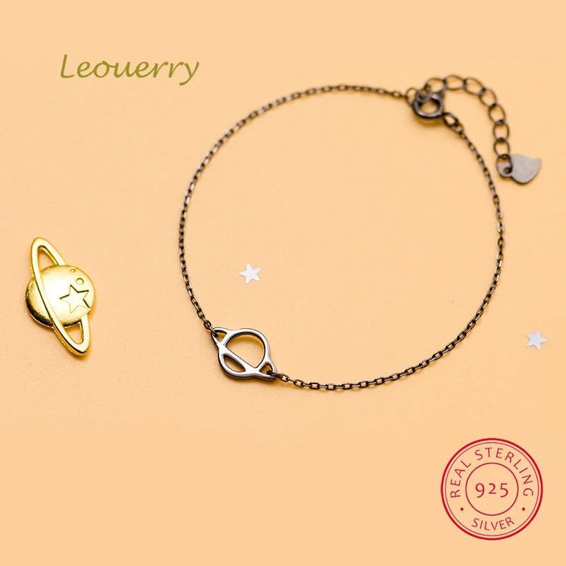 Leouerry 925 пробы серебряный черный Сатурн цепочка браслеты для женщин девушек