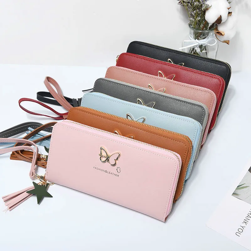 

Women Long Zipper Coin Purses Tassel Design Clutch Wallet Female Money Credit Card Holder Butterfly Luxury Brand Leather Wallets