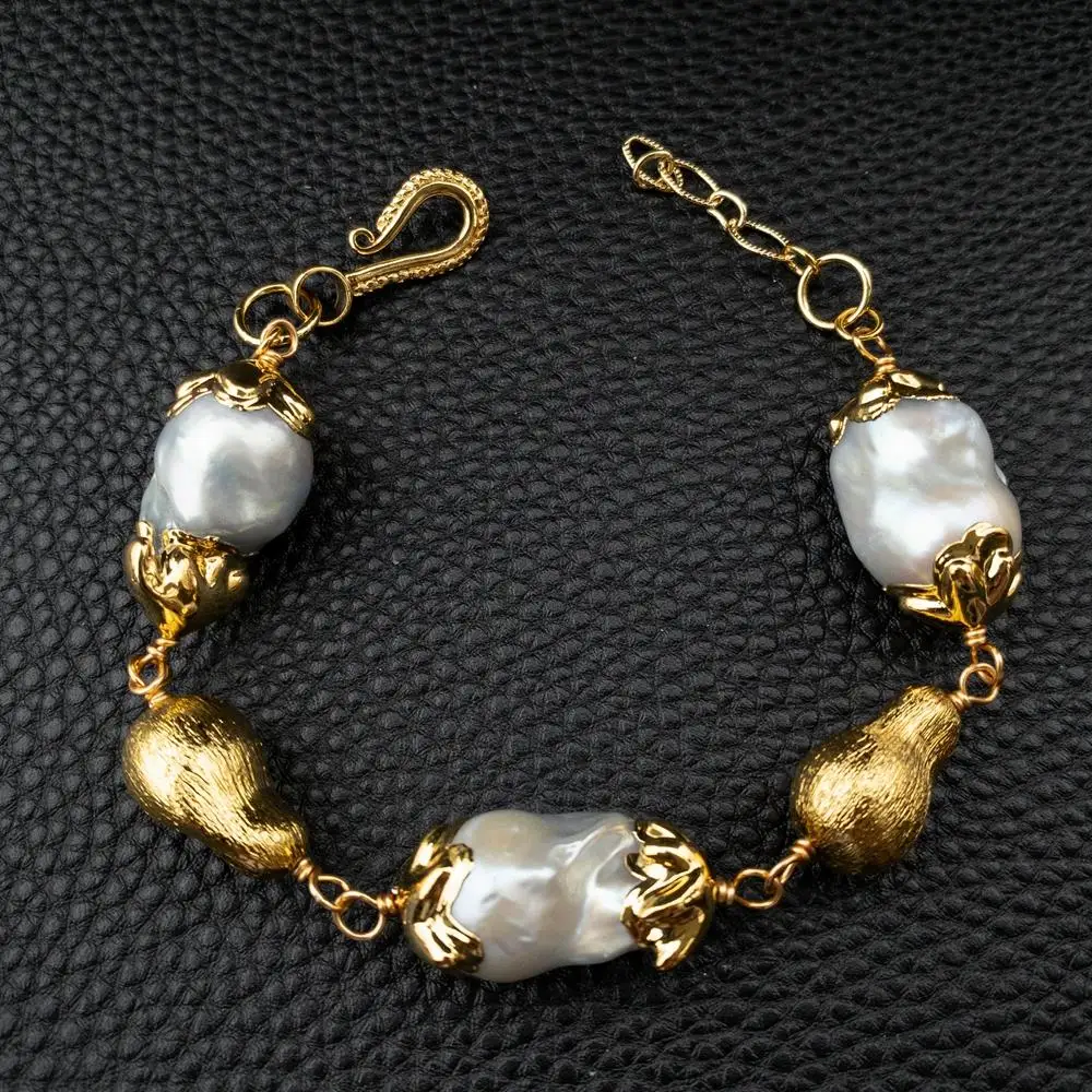 

Y·YING Freshwater Cultured Gray Keshi Pearl White Round Pearl With Gold Plated Edge Handmade wrap Bracelet 8"