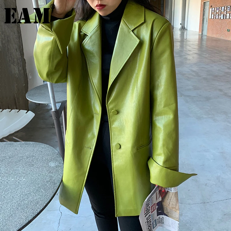 

[EAM] Loose Fit Green Pu Leather Big Size Leisure Jacket New Lapel Long Sleeve Women Coat Fashion Tide Spring Autumn 2022 1X496