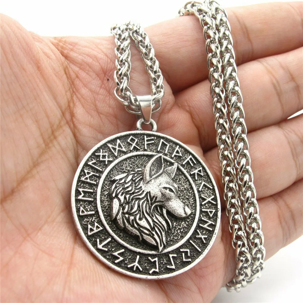 

Mens Vintage Norse Viking Rune Wolf Head Pendant Necklace For Men Women