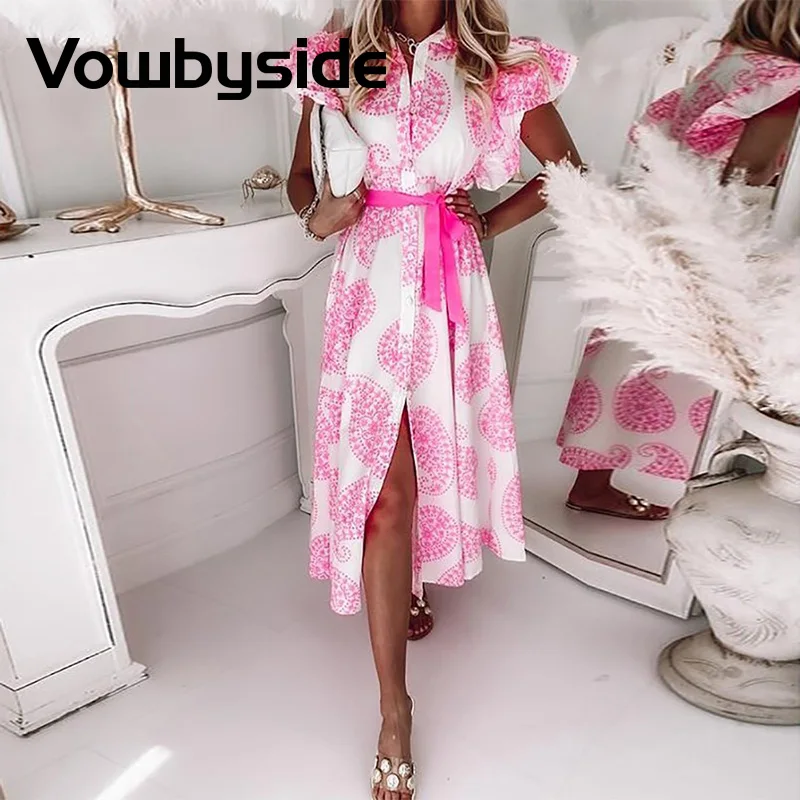 

Paisley Pattern Print Flutter Sleeve Slit Shirt Dress