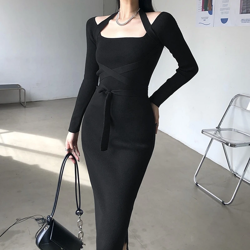 

Femininity Dress Sexy Square Neck Tie Waist Split Mid-Length Skirt