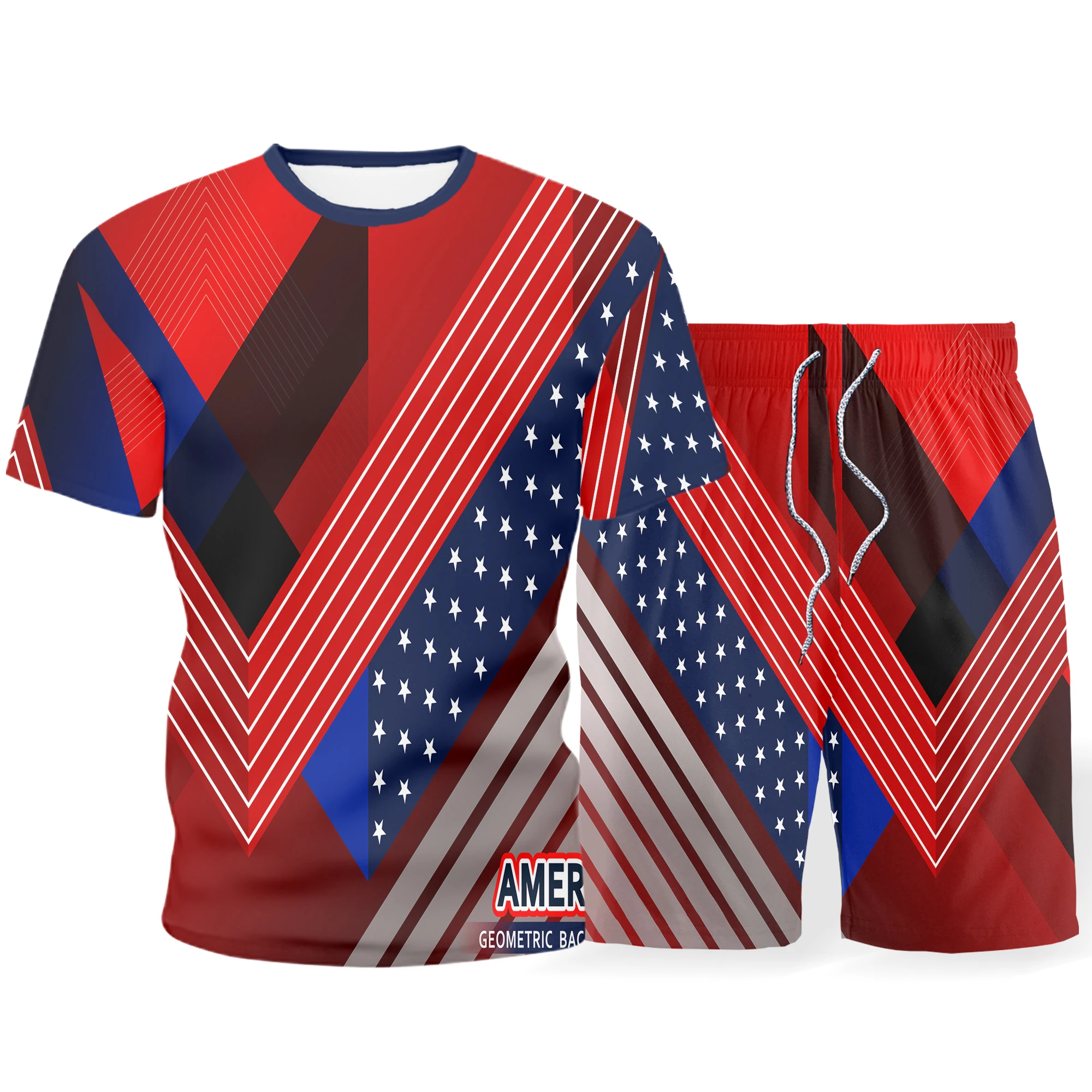 

2021Summer Men's Fashion 3D Shorts Set T-shirt Set National Flag 3D Printing Independence Day Men's and Women's Set/Single Piece