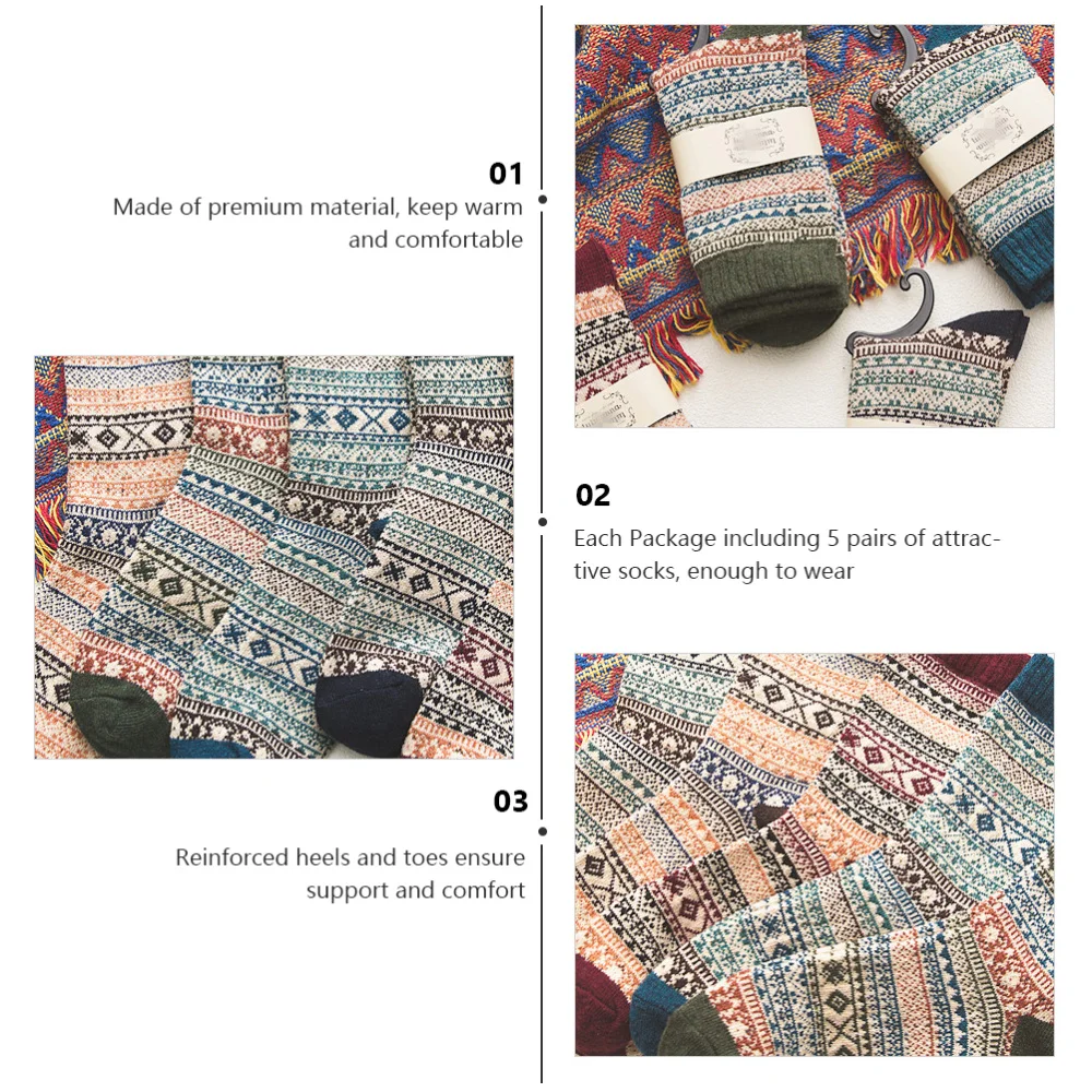 5 пар зимние носки теплые удобные этнические шерстяные муж|Шорты для настольного
