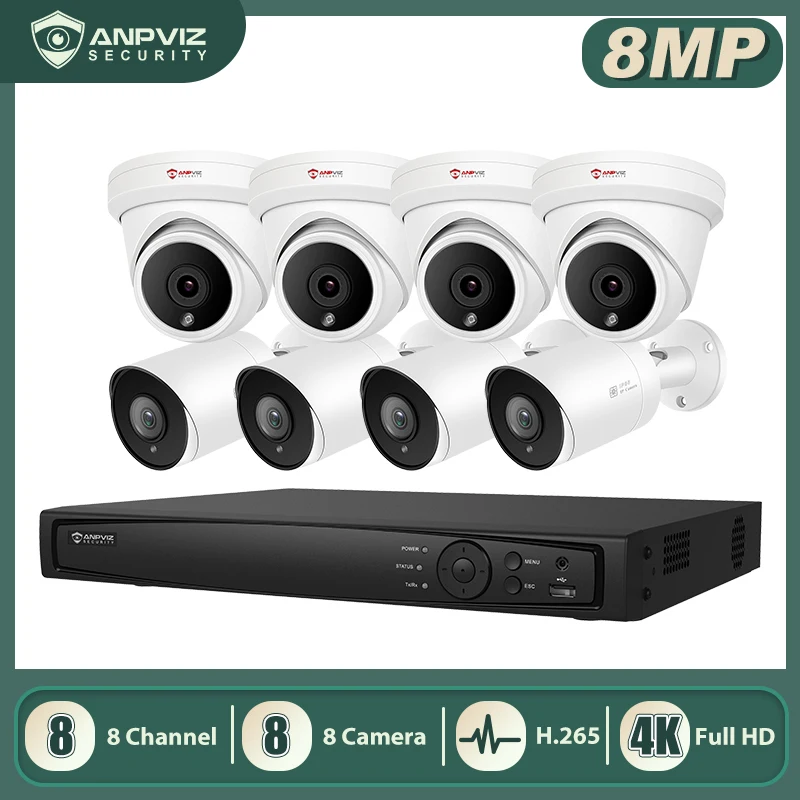 

Hikvision OEM 8CH 4K NVR CCTV Security Systems Anpviz 8MP Dome/Bullet POE IP Camera Kit Home/Outdoor Video Surveillance H.265+