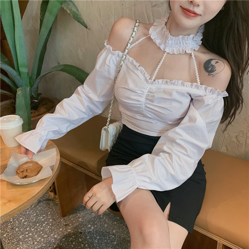 

Halter Vintage Summer Style Off Shoulder Crop Top Korean Fashion Clothing Woman Shirts Slim White Long Sleeve Blouses New