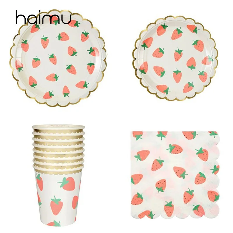 Одноразовые столовые приборы розового цвета с позолотой клубники набор для