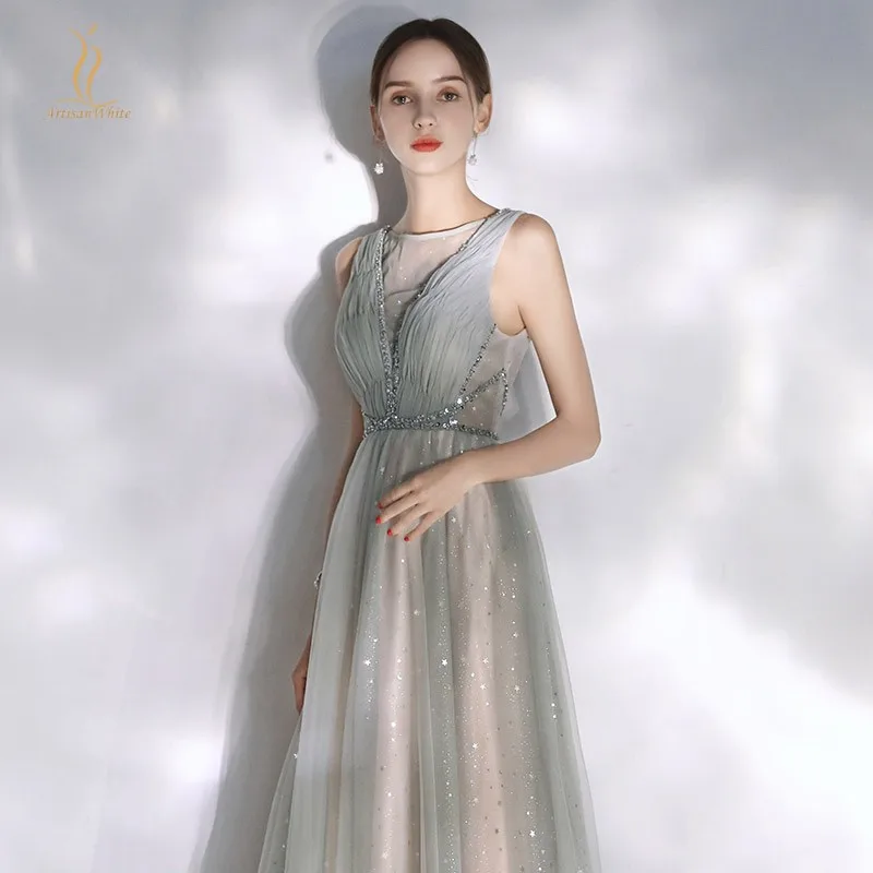 Элегантные вечерние платья серого цвета из тюля с ошеломляющим бисером Длинные