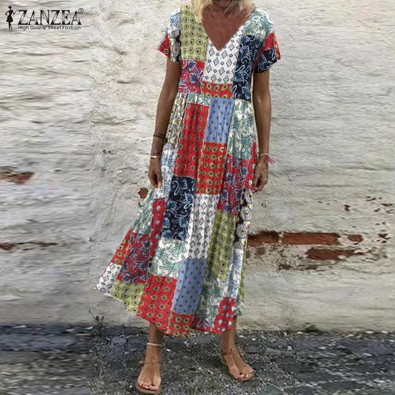 Женский летний сарафан ZANZEA винтажное длинное платье с V-образным вырезом