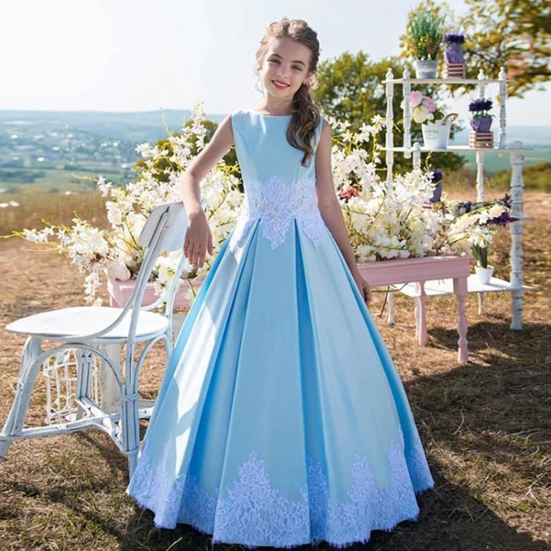

Elegant blue Satin Sleeveless Lace Applique Flower Girl Dresses Princess Lace Up Birthday Party First Communion Dresses