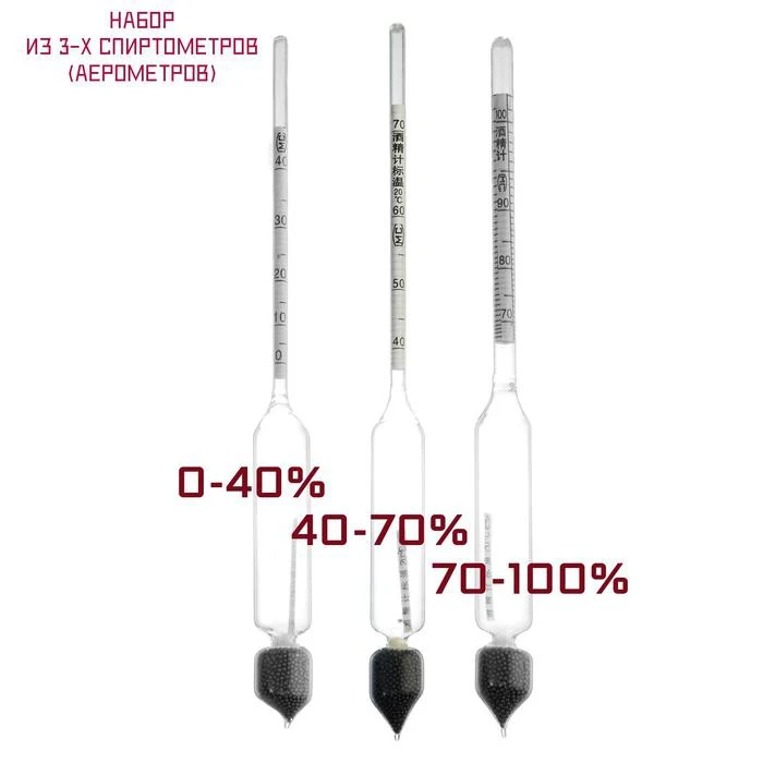 Набор спиртомеров 3 шт: 0-40 40-70 70-100 + жидкостный термометр 7119615