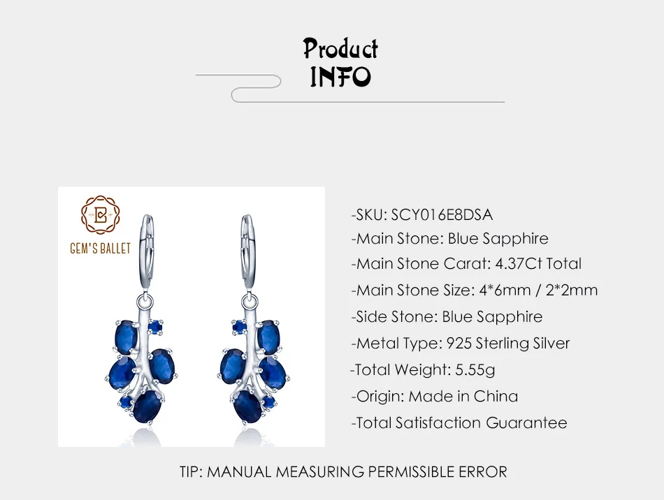 GEM'S BALLET 4.37Ct натуральный синий серьги из сапфирового драгоценного камня 925 пробы Серебряные Листья Висячие серьги для женщин хорошее ювелирное изделие