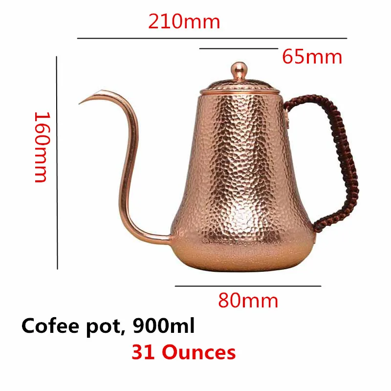 

Handmade Hammered Coffee Tea Pot Pure Red Copper Premium Quality Drip Kettle Gooseneck Spout Long Mouth Kettle Teapot- 900ml