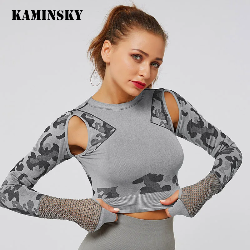 Kaminsky, длинный рукав, для тренировок, топы для женщин, бесшовная футболка для спортзала, сексуальный, полый, спортивный топ, для женщин, камуфляж, для фитнеса, футболка для женщин