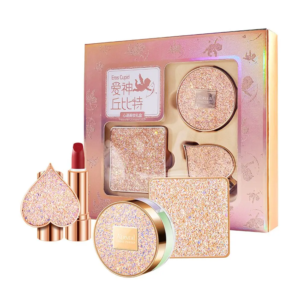 

3PCS Love Shiny MakeUp Sets Air Cushion Finishing Powder Face Powder Pearly Lustre Non-Stick Cup Lipstick Kit For Gift
