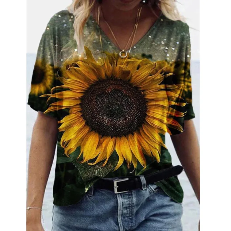 

2021 New Women Boho 3D Floral Print T Shirt Summer Short Sleeve O-Neck Loose Casual Tops Streetwear Female Plus Size 4XL 5XL Tee