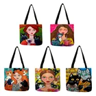 Яркая сумка для покупок, королевская Дамская винная сумка с принтом черного кота, качественные льняные повседневные уличные тоуты