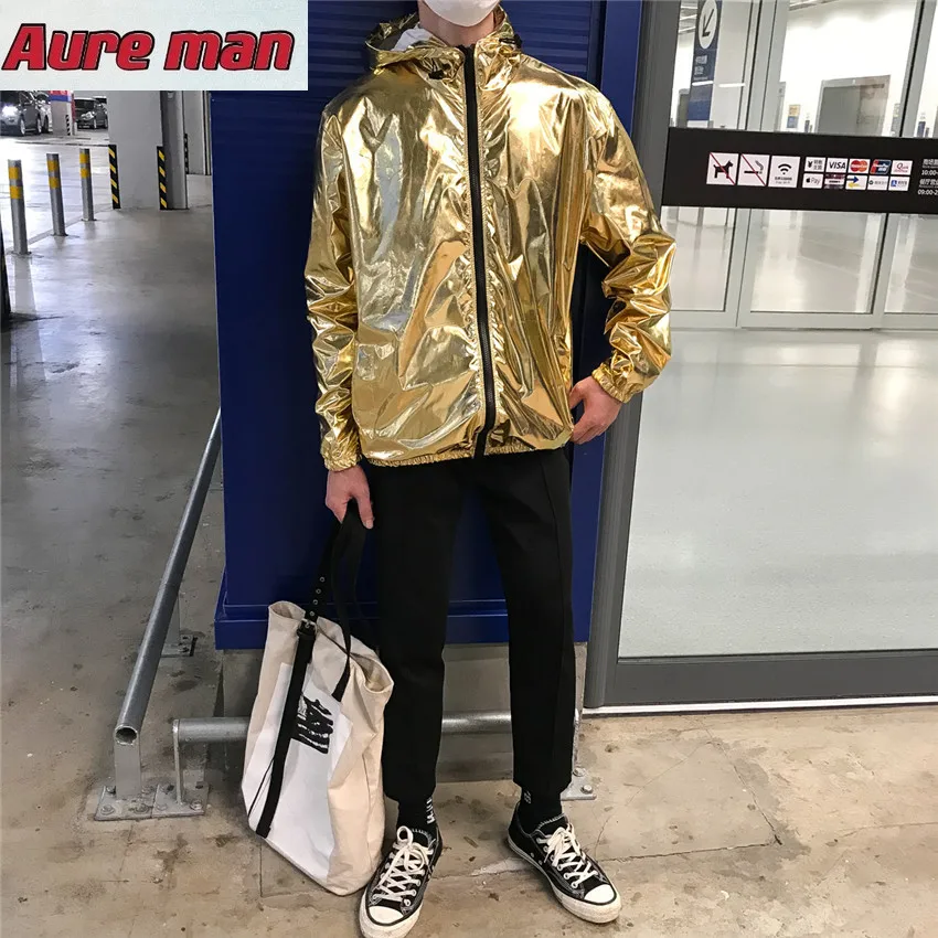 

Mens jackets and coats Fashion windbreaker Jackets Men Thin Gold And Silver Hooded Jacket Spring Autumn streetwear Hip Hop coat