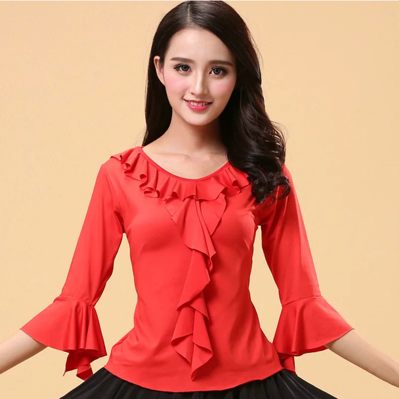 

USHINE M/L/XL/2XL/3XL/4XL/5XL/6XL Red Lace Arabic Clothing Top Standard Ballroom Dance Stage Latin Belly Dance Shirt Woman