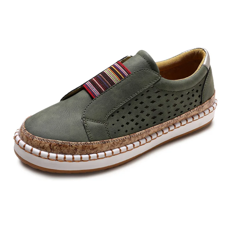 

2021 Women Shoes Hollow Out Striped Breathable Elastic Band Retro Casual Flat Suitable for Wide Leg Hand-Stitched Women Sneaker