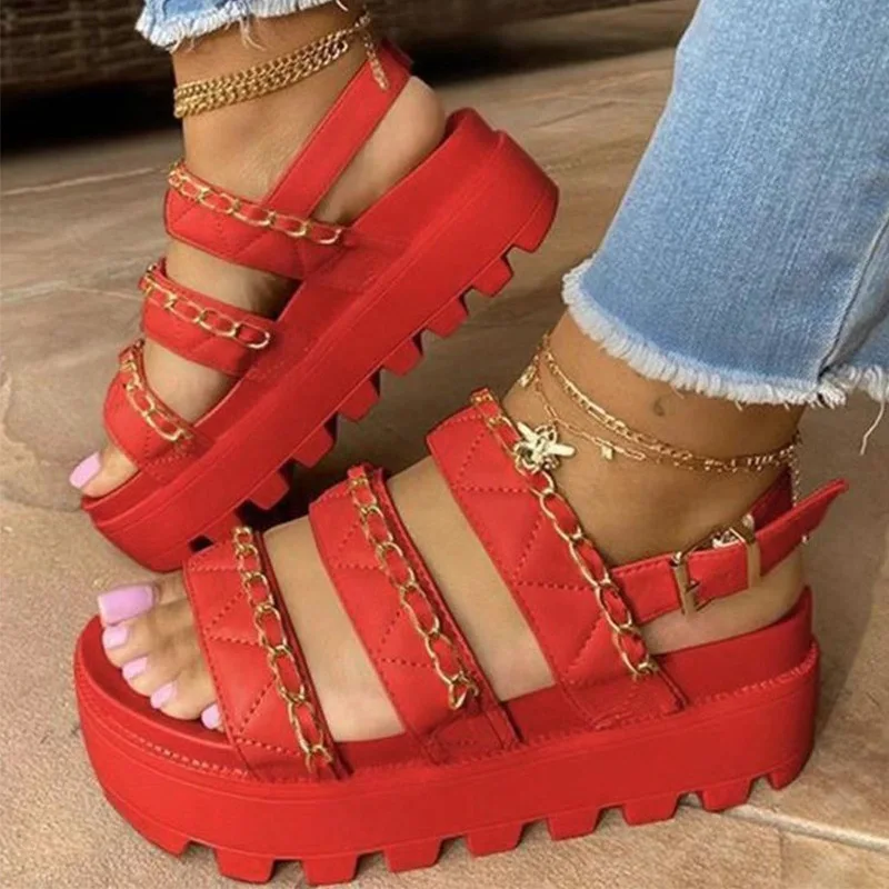 

Women Casual Sandals Platform Ladies Chain Thick Bottomn Shoes Flats Summer Buckle Strap Female Plus Size Footwear 2021 New