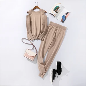 Женский трикотажный свитер на завязках, повседневный однотонный пуловер с круглым вырезом и брюки на завязках, 2020