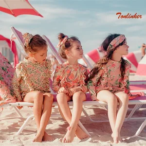 kids swimwear girl long sleeved flower anti uv sunscreen swimsuitshorts suit wimming pool entertainment protective beachwear free global shipping