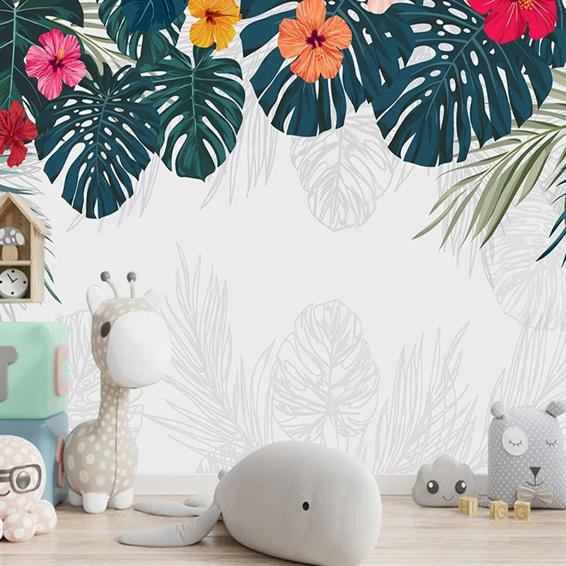 

Custom Photo Mural Nordic Creative Fresh Hand Painted Tropical Plant Leaves Children Bedroom Background Wall Decoration Painting