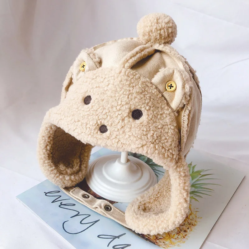 

Winter Korean Cartoon Bear Plush Children Lei Feng Hat for Boys and Girls Toddler Lamb Wool Cap Cute Bear Cartoon Boys Warm Hat