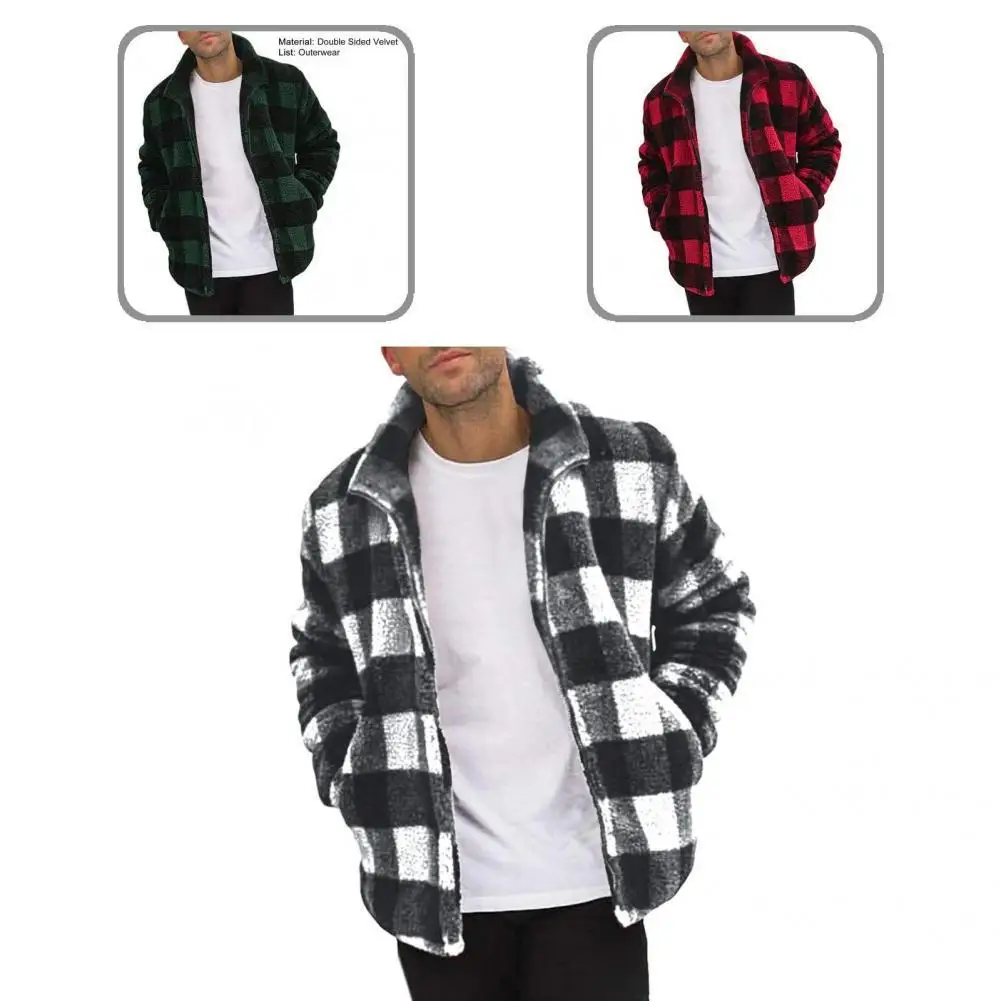 

Cardigan Jacket Fashion Plaid Print Warm Fluffy Jacket Stand Collar Cold Resistant Fluffy Jacket