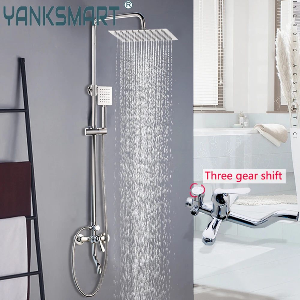 yanksmart luxury chrome polished rainfall wall mounted bathroom shower faucet set adjust height handle shower mixer water tap free global shipping