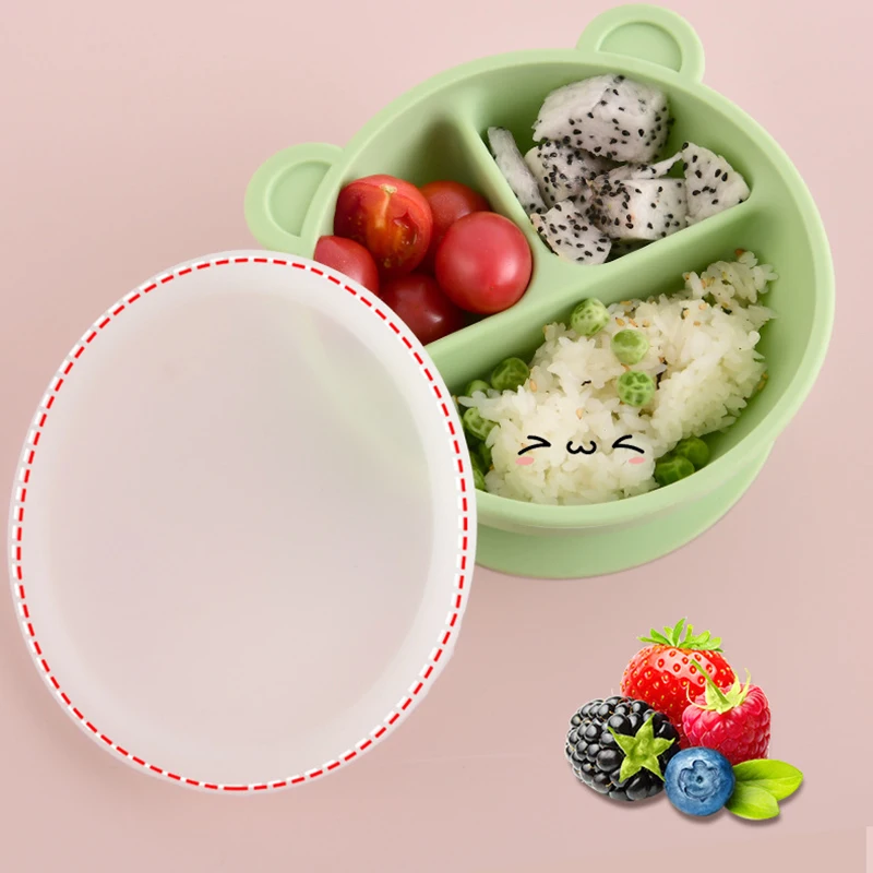 

Baby Feeding Bowl With Cover Straw Non-Slip Baby Cartoon Tableware Set Children Dishes Suction Bowl Silicone Baby Learning Dish