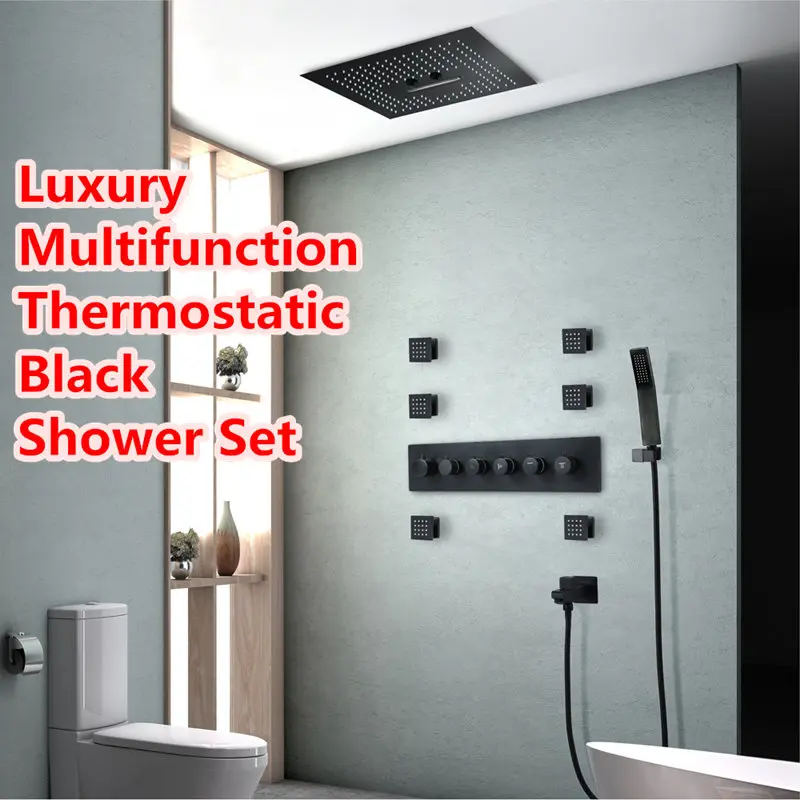 Термостатический черный душевой набор многофункциональный дождевой водопад