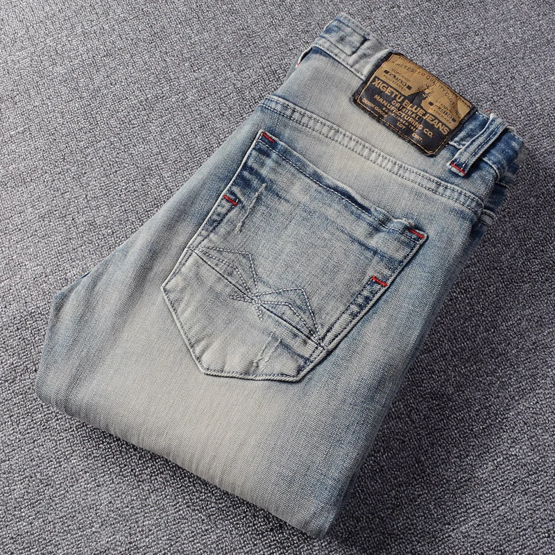 Italian Style Fashion Men Jeans Retro Light Gray Blue Elastic Slim Ripped Jeans Men Patch Vintage Designer Casual Denim Pants