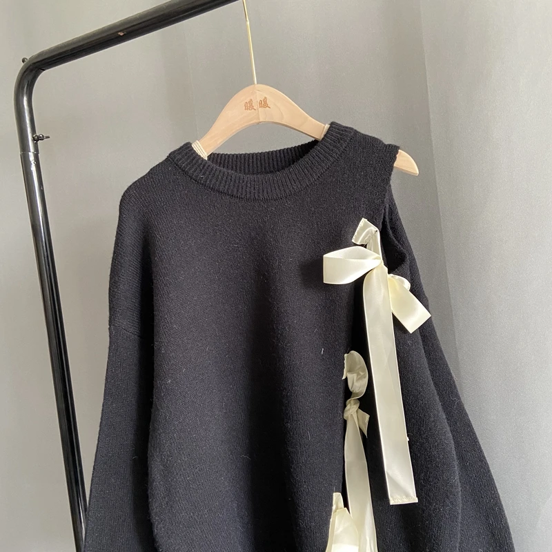 

Sweet Lovely Bow Sweater Loose O-neck Long Sleeve Split Hollow-out Knitted Pullover Sweaters Spring 2021 Women
